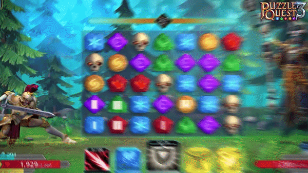 Puzzle Quest 3 board with matching tiles.