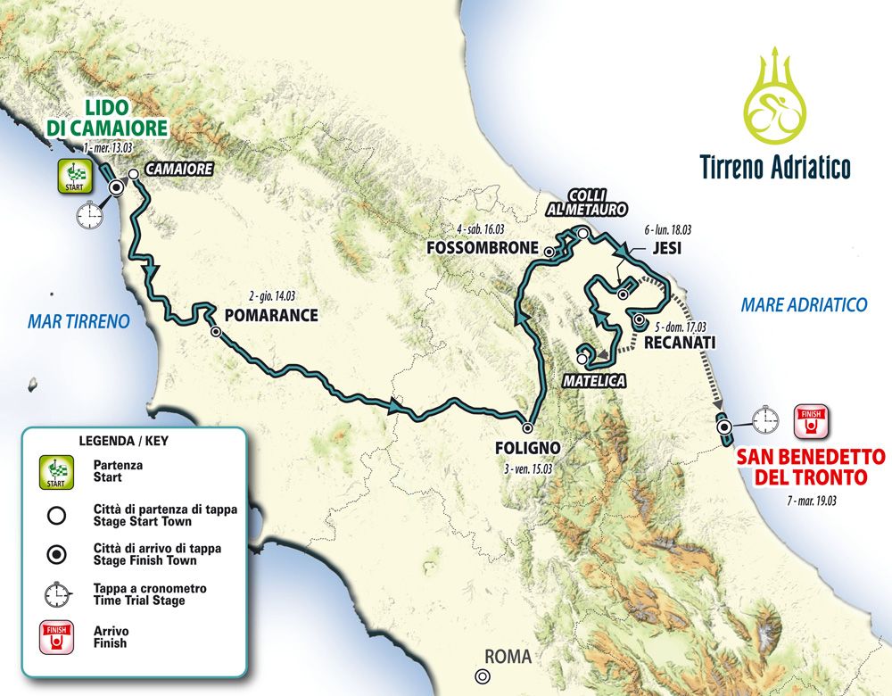 The route map of the 2019 Tirreno-Adriatico