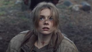 Samara Weaving as Azrael looking frightened in Azrael