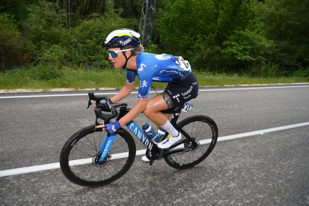 ALTO DE ROSALES SPAIN MAY 17 Emma Norsgaard of Denmark and Movistar Team competes during the the 9th Vuelta a Burgos Feminas 2024 Stage 2 a 123km stage from Briviesca to Alto de Rosales 790m on UCIWWT May 17 2024 in Alto de Rosales Spain Photo by Alex BroadwayGetty Images