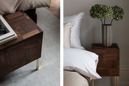 Left, a detail of the walnut bench showing a brass leg and abstract geometric intarsia. Right, next to a bed with white and cream bedlinen is a tall and slim bedside table in walnut with a vase and green hydrangea