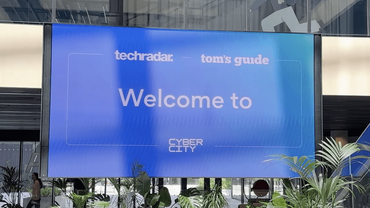 A large screen welcoming Tom&#039;s Guide to Cyber City