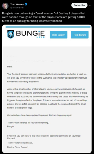 Bungie is now unbanning a “small number” of Destiny 2 players that were banned through no fault of the player. Some are getting 5,000 Silver as an apology for being incorrectly banned