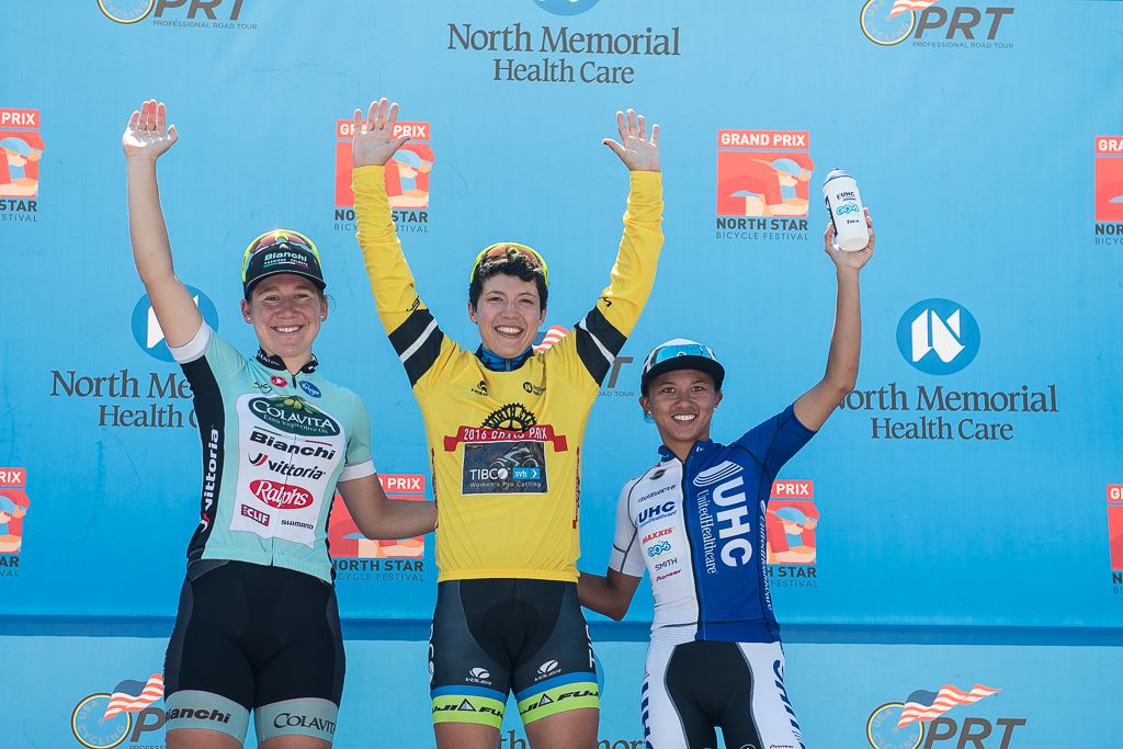 The top three in GC stagings: 1st-Brianna Walle (Rally Cycling), 2nd-, 3rd-Coryn Rivera (United Healthcare), Lauretta Hanson (Colavita/Bianchi)