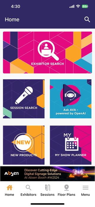 The home page of the InfoComm app where you find AVA AI.