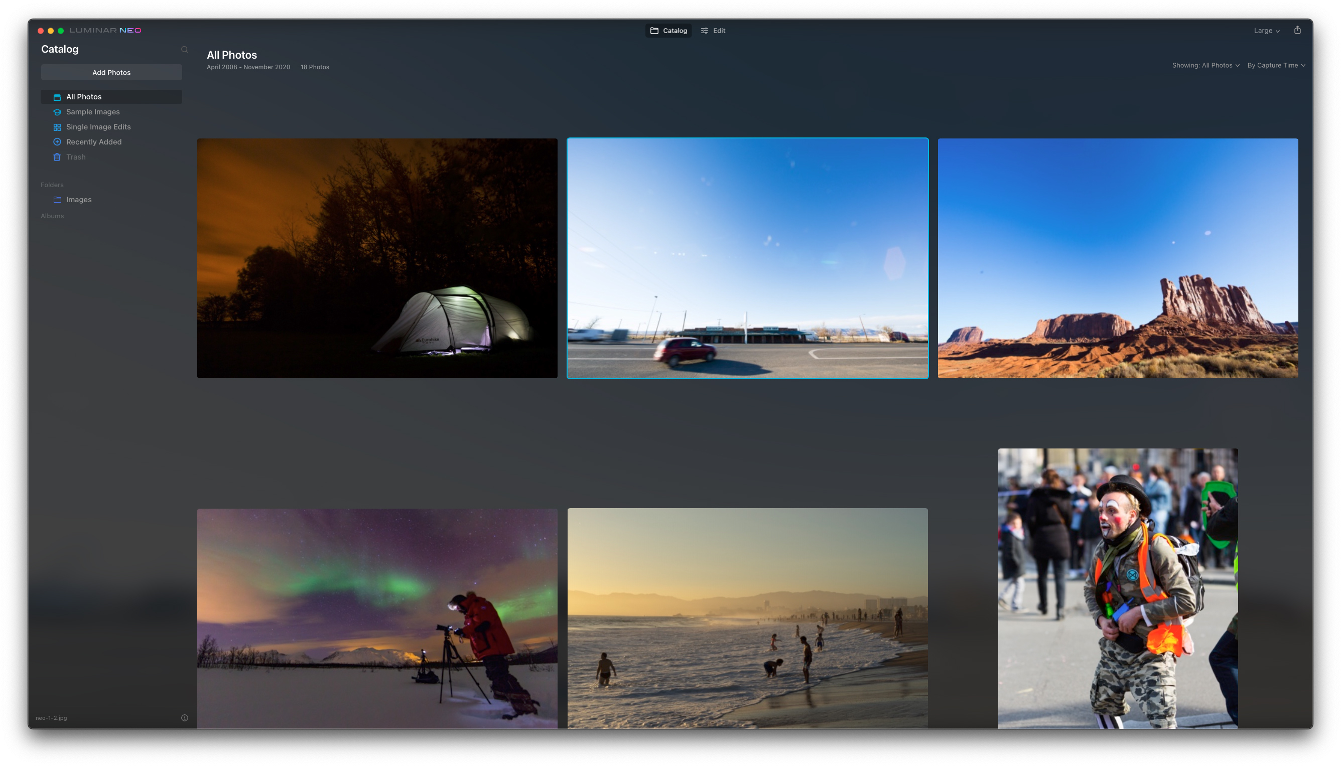 A catalogue of images in the Luminar Neo photo editing software