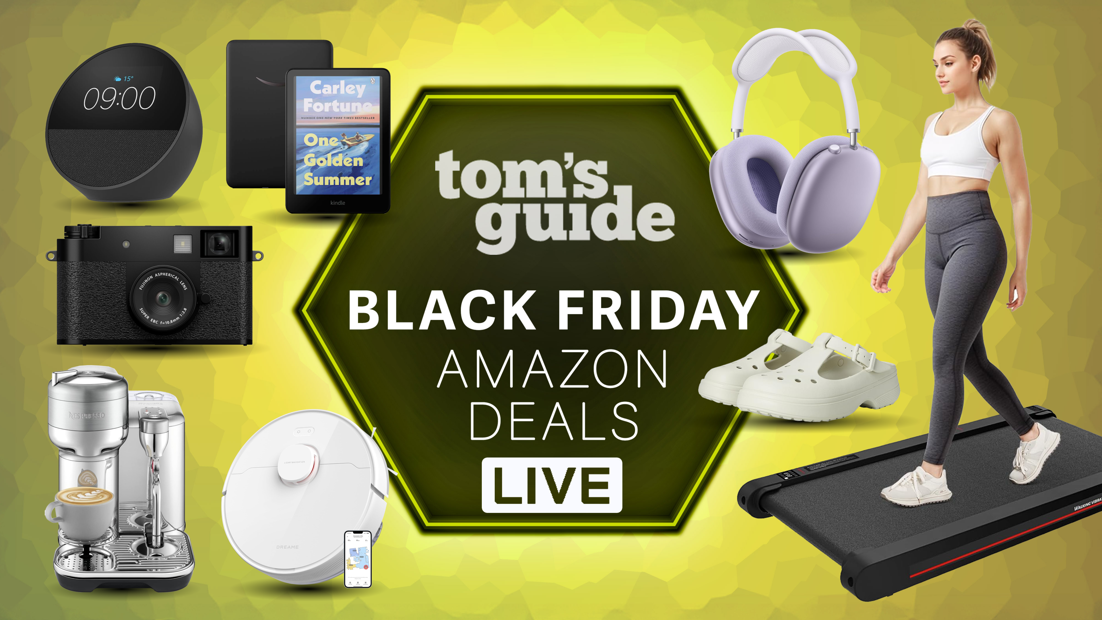 Black Friday Amazon Deals LIVE image showing various products around a Tom&#039;s Guide logo