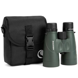 Celestron Nature DX 12x56 binoculars and case on a white background