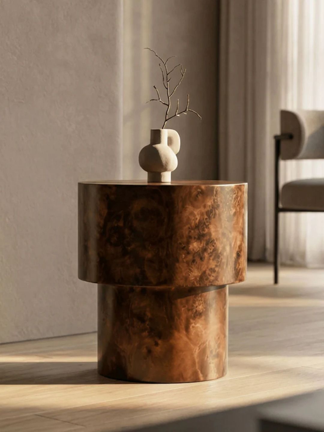 Cult Furniture, Walnut Effect Dalton Round Burl Wooden Side Table