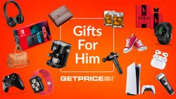 Orange background with text that reads Gifts for Him with Get Price logo underneath surrounded by lots of items including PlayStation5, Apple Watch, razor, cologne, wallet and converse shoes