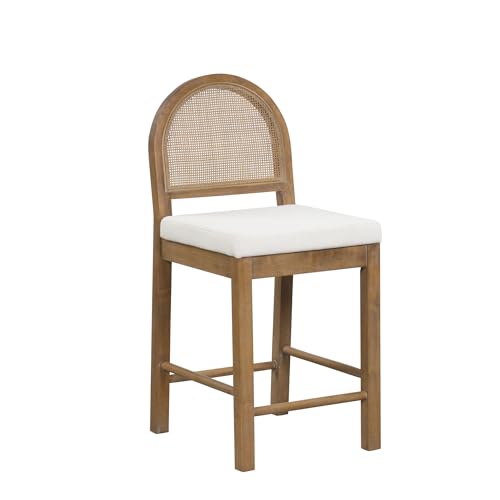 Nathan James Bailey Boucle Upholstered Rattan Bar Stool, Counter Height Stool With Natural Rattan Woven Back for Kitchen Island, Light Brown, Set of 2