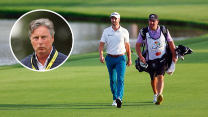 Main image of Wyndham Clark walking alongside his caddie at Bay Hill during round three of the 2024 Arnold Palmer Invitational - inset a headshot of Brandel Chamblee