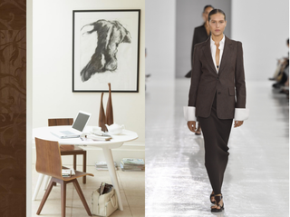 white table with two wooden chairs and wall art paired with a woman walking a runway in a brown suit