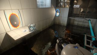 Screenshot from Portal with RTX, showing a pair of portals on a wall and a door beyond a pit of electrified water.