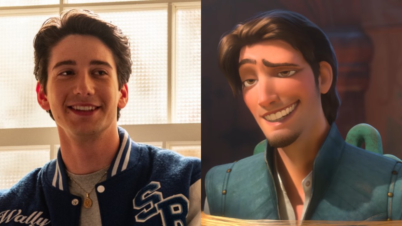From left to right: Milo Manheim smiling in School Spirits and Flynn Rider smoldering in Tangled.