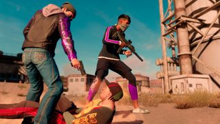 Two players holding guns during the game Saints Row.