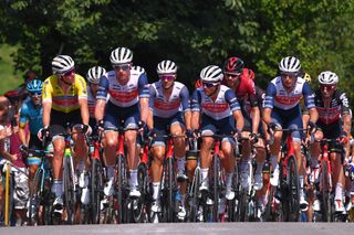 BIELSKOBIALA POLAND AUGUST 07 Mads Pedersen of Denmark and Team Trek Segafredo World Champion Jersey and Yellow Leader Jersey Ryan Mullen of Ireland and Team Trek Segafredo Edward Theuns of Belgium and Team Trek Segafredo Emils Liepins of Latvia and Team Trek Segafredo Alex Kirsch of Luxembourg and Team Trek Segafredo Peloton during the 77th Tour of Poland 2020 Stage 3 a 2031km stage from Wadowice to BielskoBiaa 433m TourdePologne tdp20 on August 07 2020 in BielskoBiala Poland Photo by Luc ClaessenGetty Images