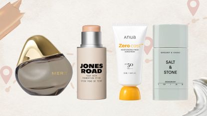 Lineup of our Beauty Team's Mini Break Must-Haves (L-R) Merit perfume, Jones Road foundation stick, Anua sunscreen and Salt & Stone deodorant on a beige background with cream and foundation swatch
