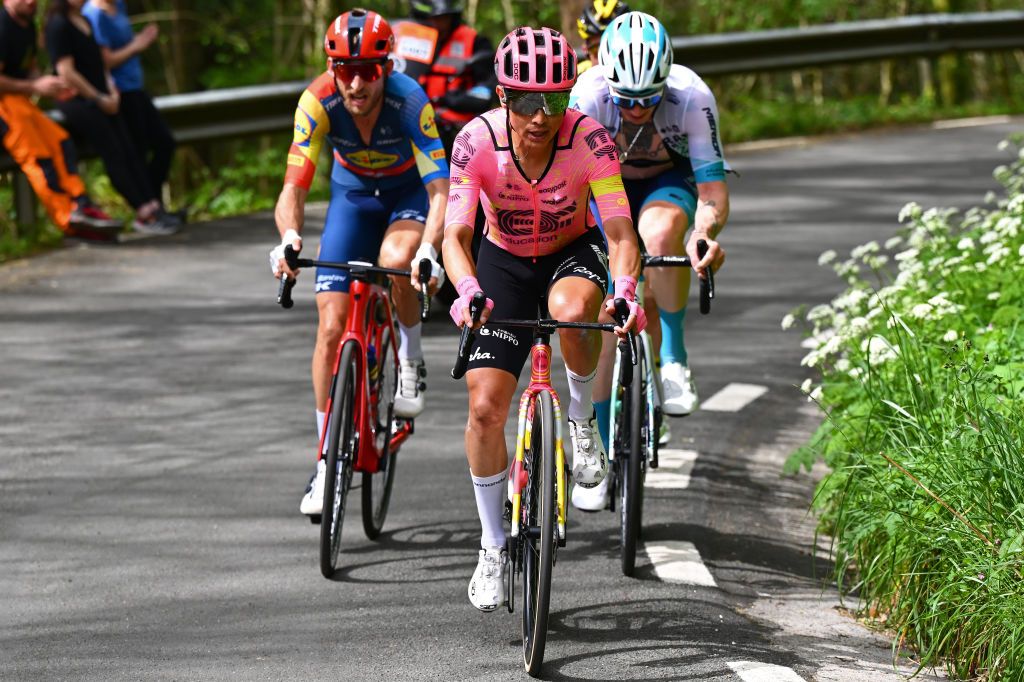 EIBAR SPAIN APRIL 06 LR Bauke Mollema of The Netherlands and Team Lidl Trek Esteban Chaves of Colombia and Team EF Education EasyPost and Jasha Sutterlin of Germany and Team Bahrain Victorious compete in the breakaway during the 63rd Itzulia Basque Country 2024 Stage 6 a 1378km stage from Eibar to Eibar UCIWT on April 06 2024 in Eibar Spain Photo by Tim de WaeleGetty Images