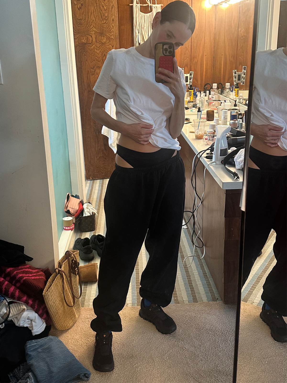 Karla Welch wearing her favorite comfortable outfit post-travels.