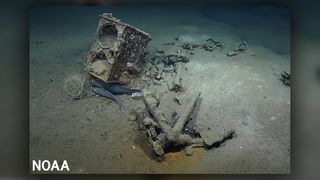 This image of the tryworks was taken from the shipwreck site of the whaler Industry by a NOAA ROV. The tryworks was a cast-iron stove with two deep kettles that were used to render whale blubber into oil.