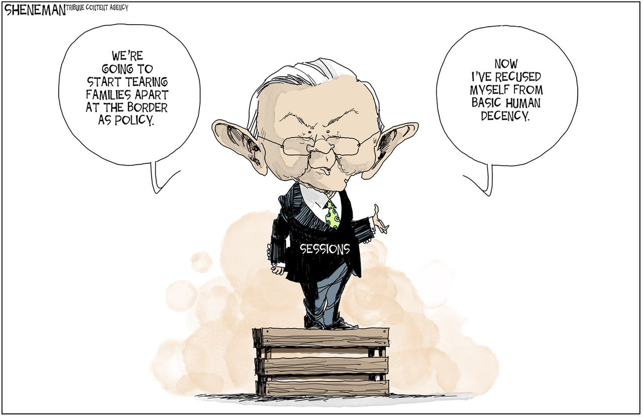 Political cartoon U.S. Jeff Sessions immigration border patrol