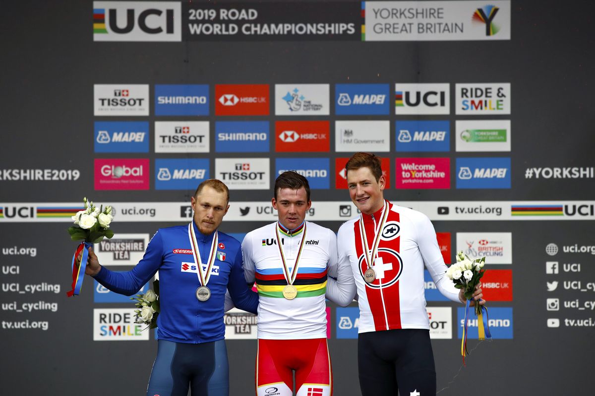 Matteo Trentin, Mads Pedersen and Stefan K&uuml;ng on the podium