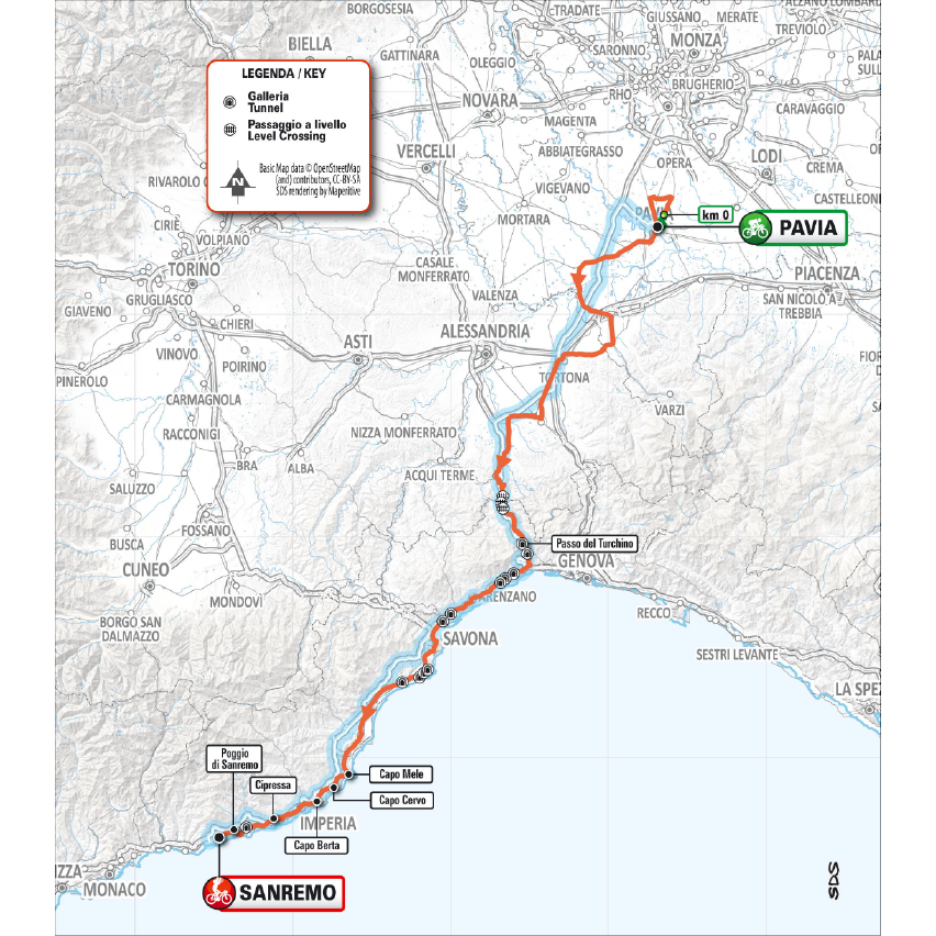 Course map and profile for 2026 Milan-San Remo