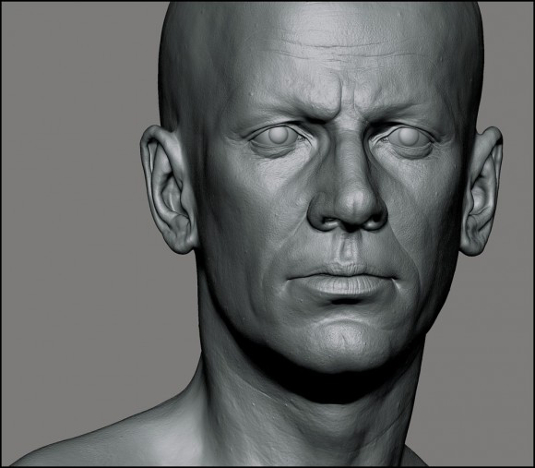 The ZBrush sculpt contains all the imperfections in the skin, such as the subtle acne scars on the cheeks