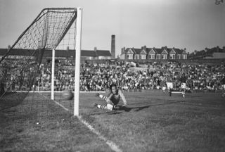 Denmark score a goal against Egypt at the 1948 Olympics in London.