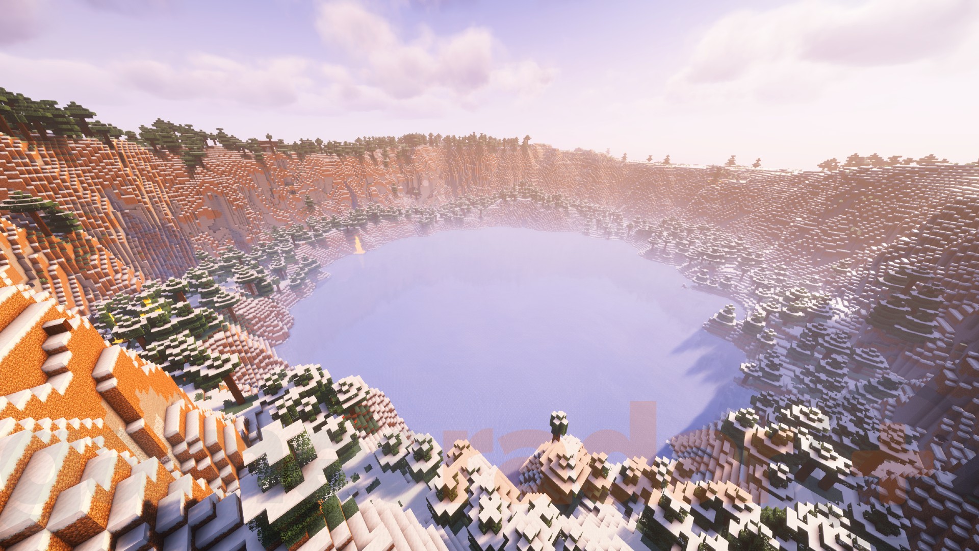 A circular frozen lake surrounded by snowy taiga mountains in one of the best Minecraft seeds for building.