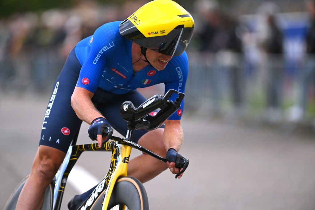 HASSELT BELGIUM SEPTEMBER 11 Edoardo Affini of Team Italy sprints during the 30th UEC Road Cycling European Championships 2024 Mens Elite Individual Time Trial a 313km from HeusdenZolder to Hasselt UCIWT on September 11 2024 in Hasselt Belgium Photo by Luc ClaessenGetty Images