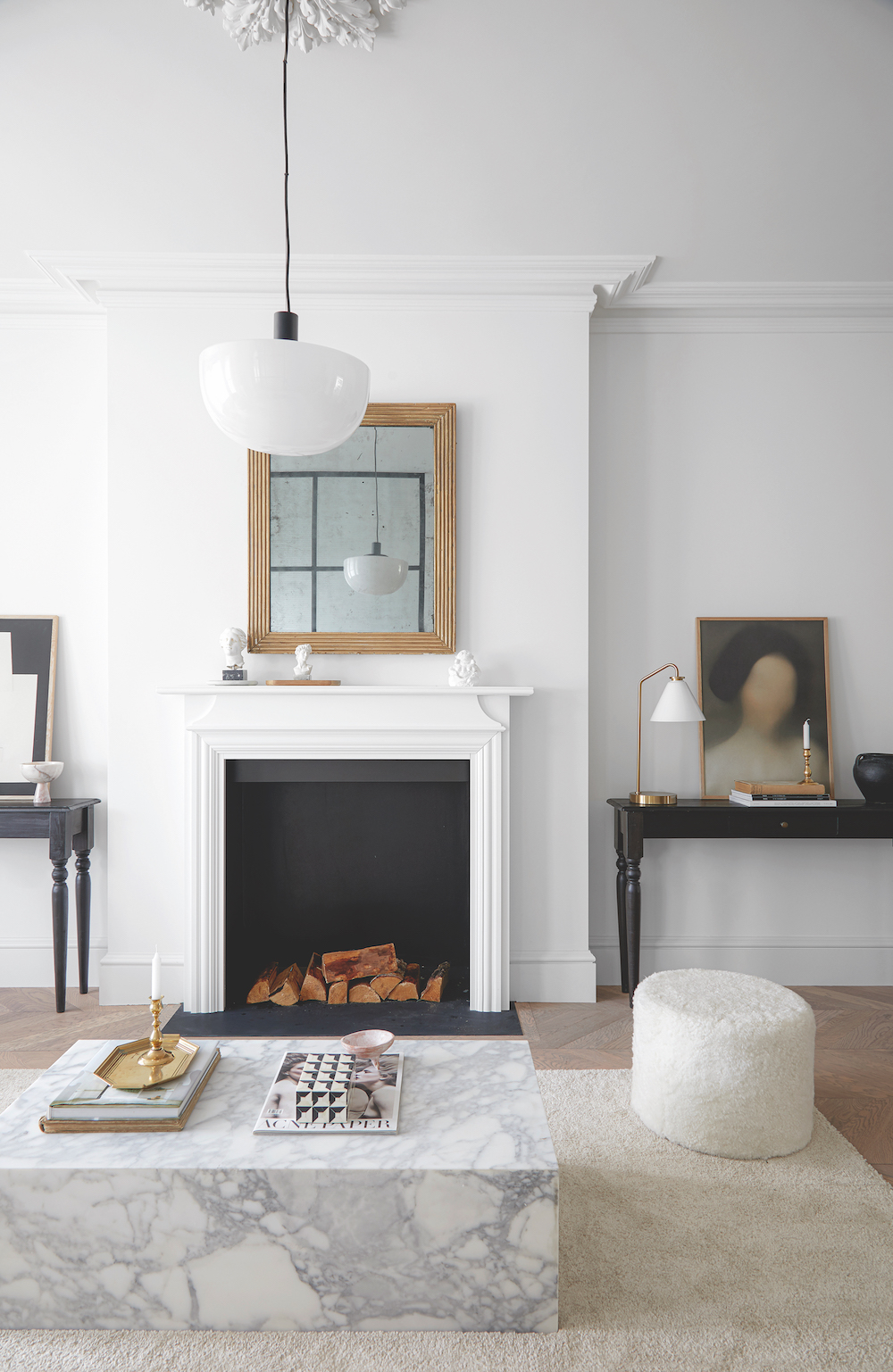 white living room with fireplace