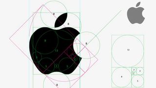An image showing use of a logo grid to measure proportions in the Apple logo