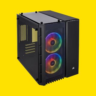 The Corsair Crystal 280X RGB on a yellow background