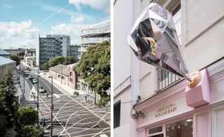 Pedestrian crossing with a series of wiggling curves and a baby face with a big diamond structure