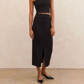 ME + EM me & em Ponte Split Front Column Midi Skirt on model with black low heels