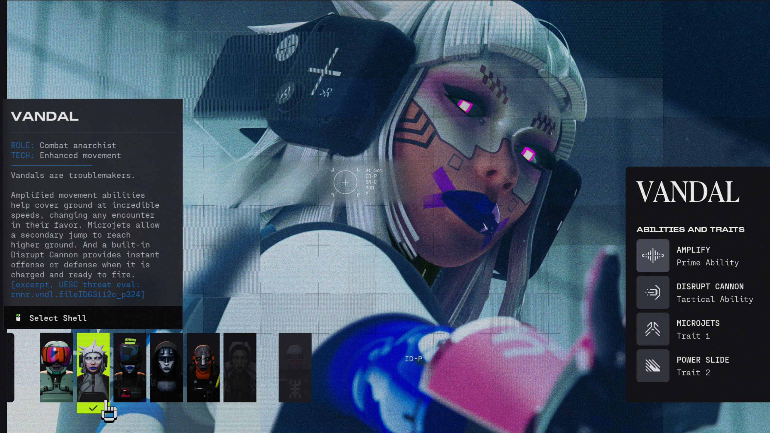 Best Marathon characters: The Vandal Runner Shell in the main menu, showing the character and their class abilities.