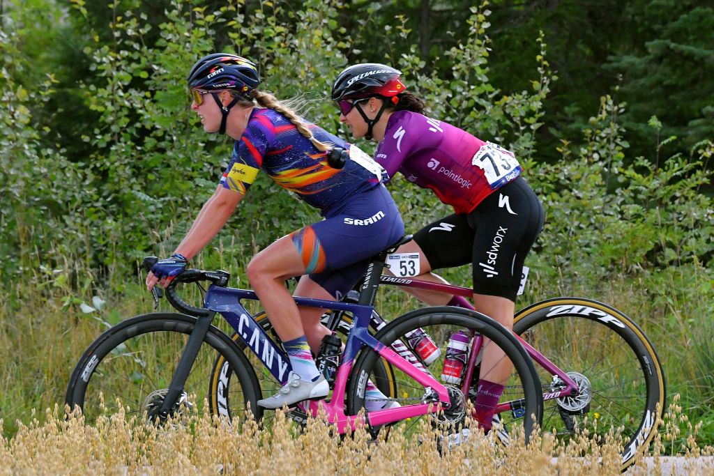 NOREFJELL NORWAY AUGUST 14 LR Hannah Barnes of United Kingdom and Team CanyonSRAM Racing and Roxane Fournier of France and Team SD Worx compete during the 7th Ladies Tour Of Norway 2021 Stage 3 a 145k stage from Drammen to Norefjell 791m LTourOfNorway LTON21 UCIWWT on August 14 2021 in Norefjell Norway Photo by Luc ClaessenGetty Images