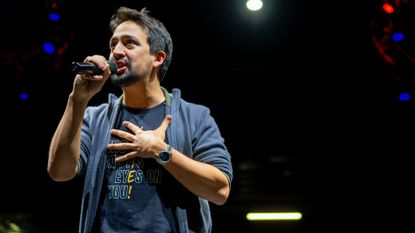 American composer Lin-Manuel Miranda speaks at a "Get Out The Vote" rally on October 18, 2022 in Houston, Texas. With less than three weeks away from the midterm election, Democratic gubernatorial candidate Beto O'Rourke and other candidates continue campaigning across the state of Texas leading up to the November 8 midterm election. 