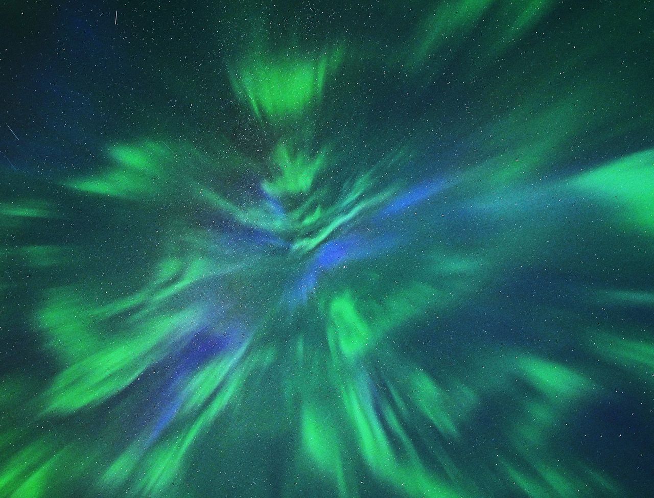 Aurora outburst above Fox Creek, Alberta, Canada captured by photographer and stormchaser Jo Majko.