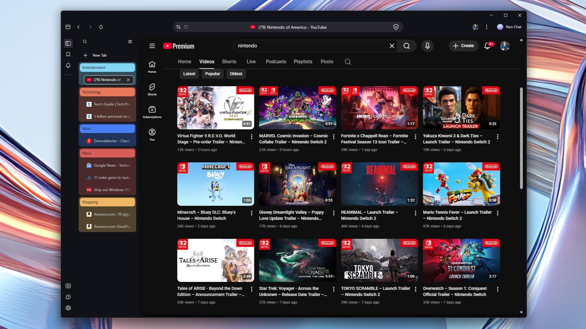 A screenshot showing how Norton Neo automatically organizes your open tabs based on pre-set categories like Entertainment, Shopping, etc