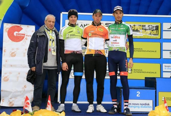 Ben Swift on the podium with the other jersey wearers at the Coppi e Bartali