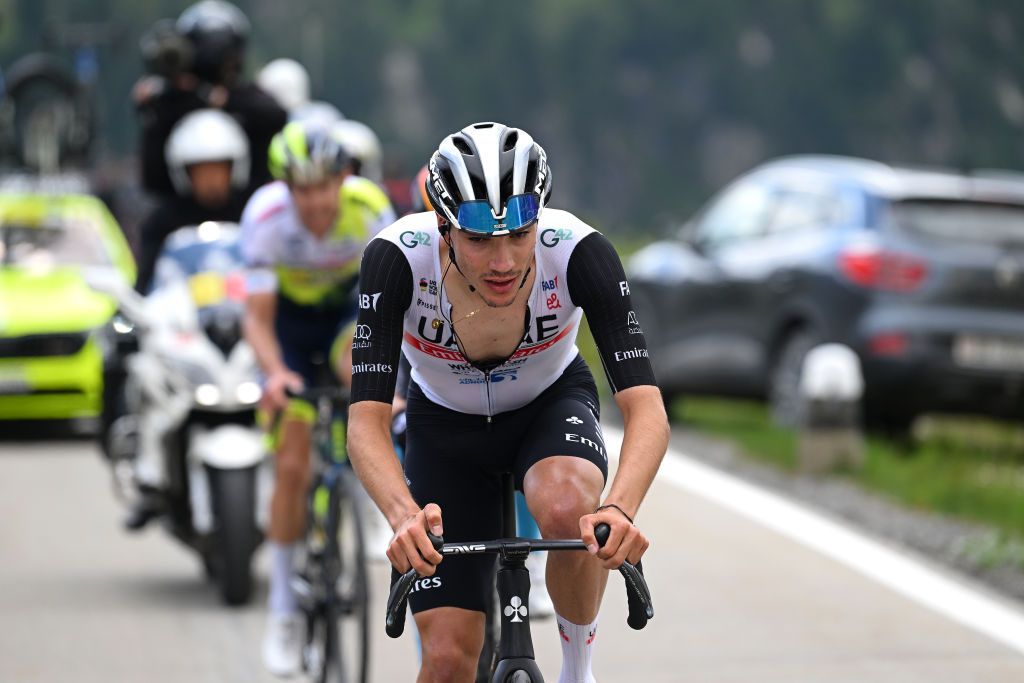 LA PUNT SWITZERLAND JUNE 15 Juan Ayuso of Spain and UAE Team Emirates attacks during the 86th Tour de Suisse 2023 Stage 5 a 211km stage from Fiesch to La Punt 1696m UCIWT on June 15 2023 in La Punt Switzerland Photo by Dario BelingheriGetty Images
