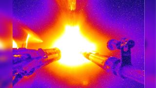 Ulusal Ateşleme Tesisi'nin hedef odasında dünyanın en büyük lazerinin içinde lazer kaynaklı bir füzyon reaksiyonu gerçekleşiyor.