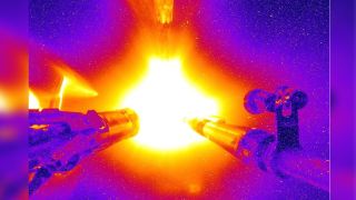 A laser-induced fusion reaction taking place inside the world's biggest laser at the National Ignition Facility's target chamber.