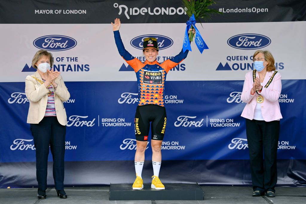 EPPING ENGLAND MAY 28 Anna Henderson of United Kingdom and Jumbo Visma Team celebrates at podium as orange mountain jersey winner during the 5th RideLondon Classique 2022 Stage 2 a 1417km stage from Chelmsford to Epping RideLondon UCIWWT on May 28 2022 in Epping England Photo by Justin SetterfieldGetty Images