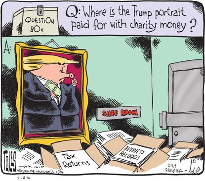 Political cartoon U.S. 2016 election Donald Trump secrets
