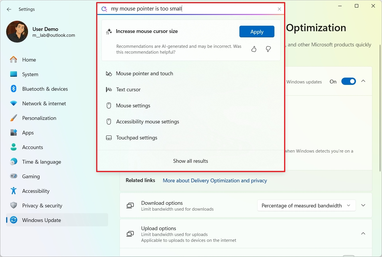 Windows 11 Settings with AI agent