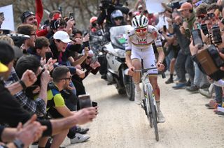 2025 Strade Bianche elite men's winner Tadej Pogačar (UAE Team Emirates) on his way to a third title